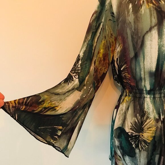 Mushka by Sienna Boho Tunic Rose Sheer Flowy Beaded Top Shirt Watercolor Print M - Picture 10 of 16